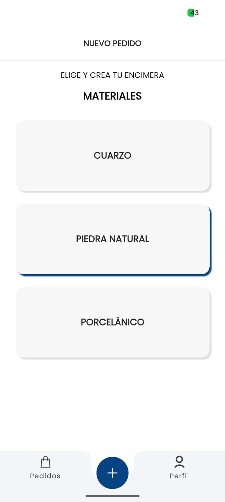 Pantalla de materiales de la app Encimeras M. Gades